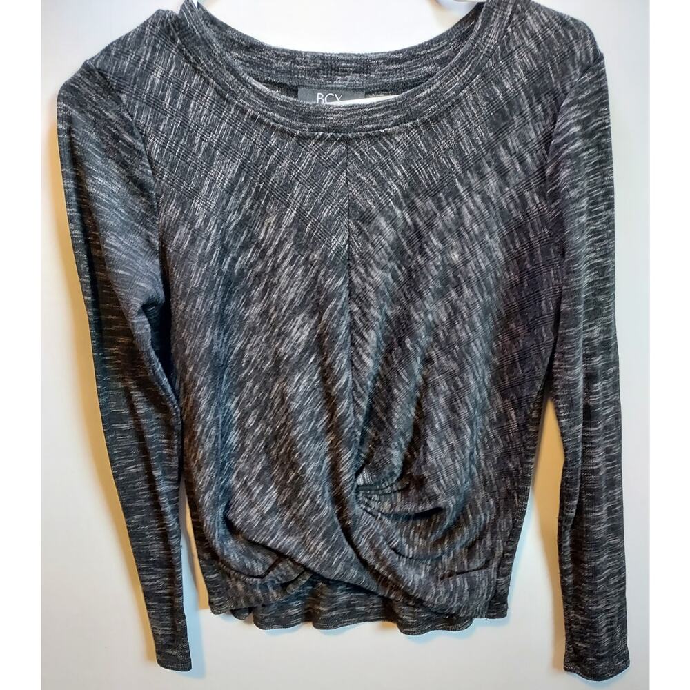 BCX Black/White Long-sleeve Knotted, Wrapped-front Henley Top - Size XS